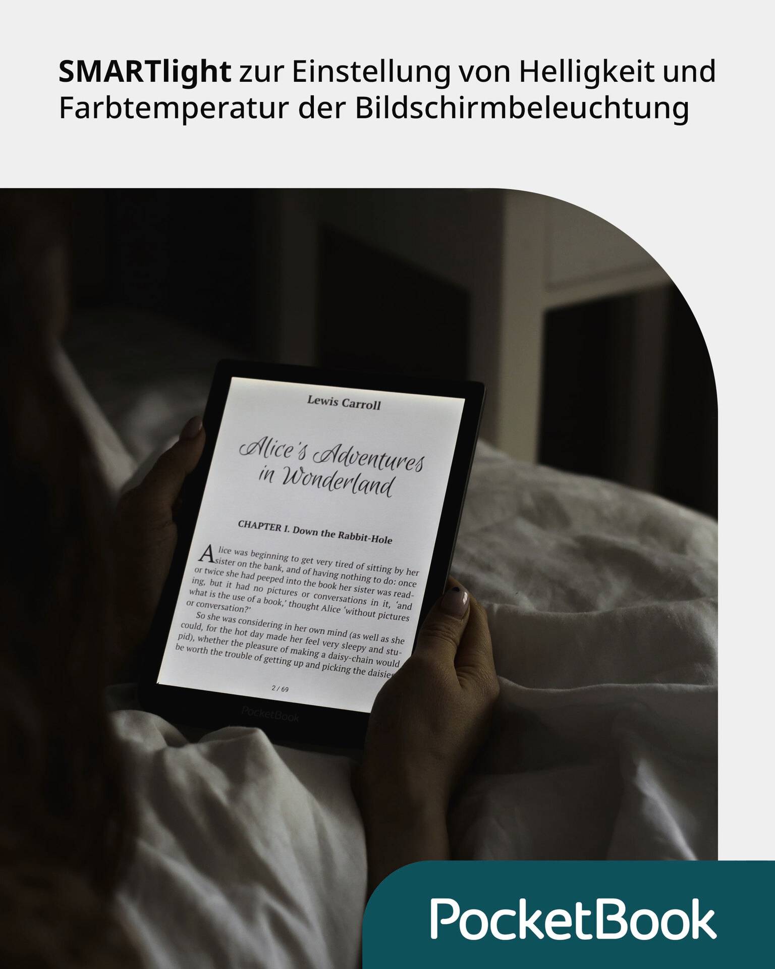 A person is reading the book 'Alice's Adventures in Wonderland' on an e-reader. At the top it says: 'SMARTlight for adjusting screen brightness and colour temperature'.