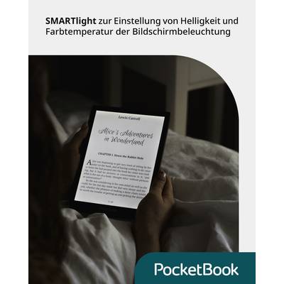 A person is reading the book 'Alice's Adventures in Wonderland' on an e-reader. At the top it says: 'SMARTlight for adjusting screen brightness and colour temperature'.