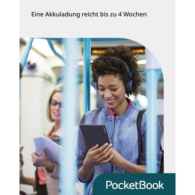A woman is reading on an e-reader in the underground train; text beside her reads: 'One battery charge lasts up to 4 weeks'. PocketBook logo at the bottom.