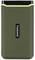 External hard drive by Transcend with an olive green rubber casing and black logo in the centre.