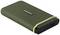 External hard drive with green, rubberised casing and USB connection, ideal for shock-resistant data backup on the go.
