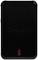 Black, rectangular hard drive with 'Transcend' printed in the centre, rounded corners, and a red button on the side.