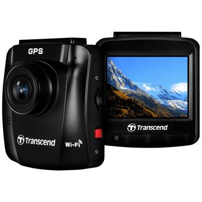 A black dashcam with GPS and Wi-Fi, displaying a landscape image of snow-capped mountains on the screen. Brand name 'Transcend'.