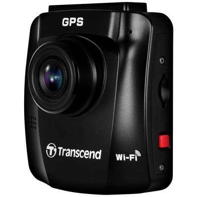 Black Transcend dashcam with GPS and Wi-Fi capability, side view with visible lens and red button.
