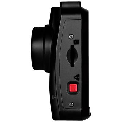 Black camera viewed from the side, with Wi-Fi lettering, card slot and red button visible.