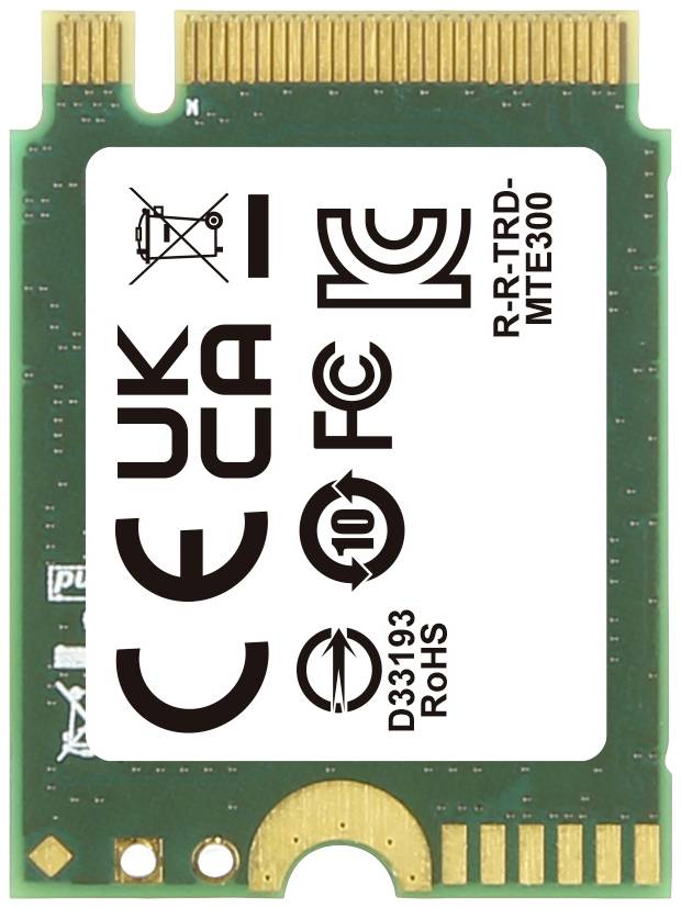 An electronic storage card in green with the print 'R-R-TRD-MTE300', several verification seals, and a golden contact edge.