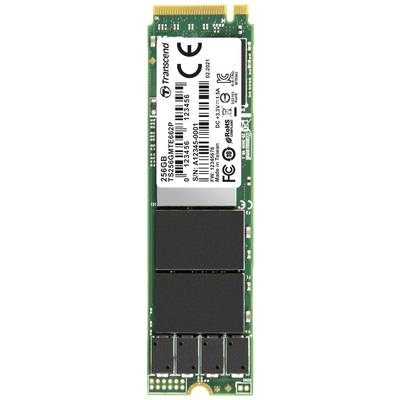 A Transcend M.2 SSD module with 256GB capacity, serial number and various certification markings, on a white background.