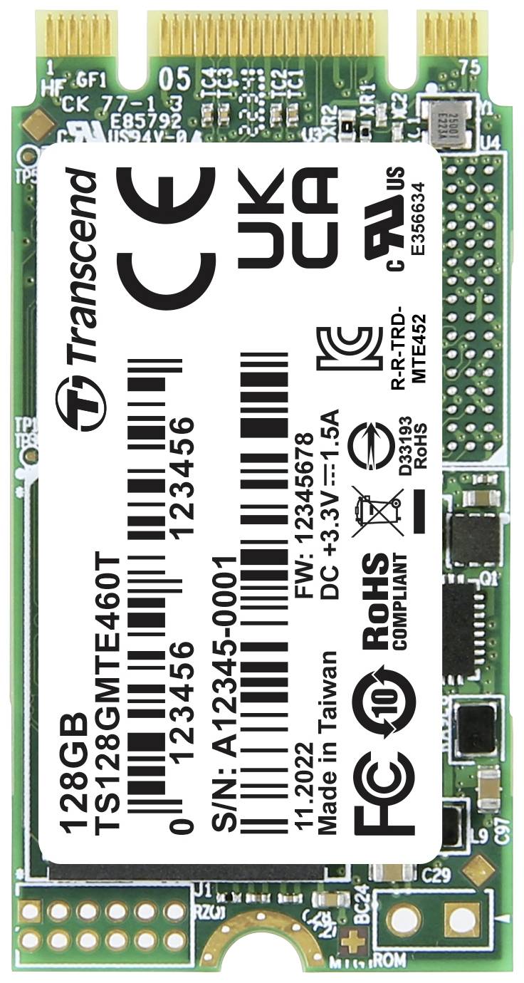 A 128 GB M.2 SSD from Transcend. Label shows model numbers, capacity, serial number, manufacturer information, and certifications.