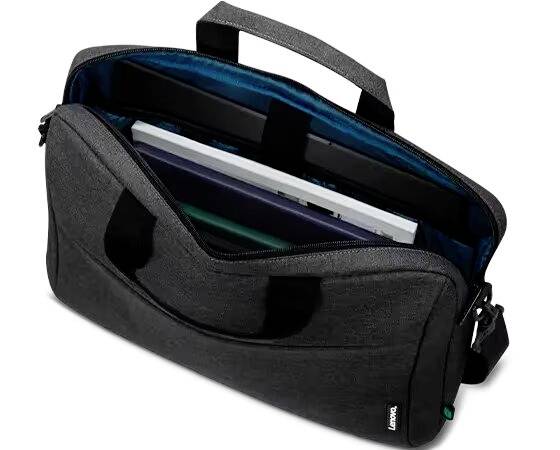 Black laptop bag, opened, showing multiple compartments for laptop and accessories. Ideal for transporting electronic devices.