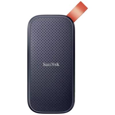 External SSD hard drive by SanDisk with a black, perforated surface and red band at the corner.