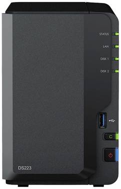 Synology DiskStation DS223 NAS server casing 0 GB  2 Bay USB 3.2 1st Gen front panel jack (USB 3.0), Synology hardware and software, Hardware encryption, Cloud-enabled, External power supply, Designed for 24/7 CCTV, RAID-compatible, ON/OFF timer DS223