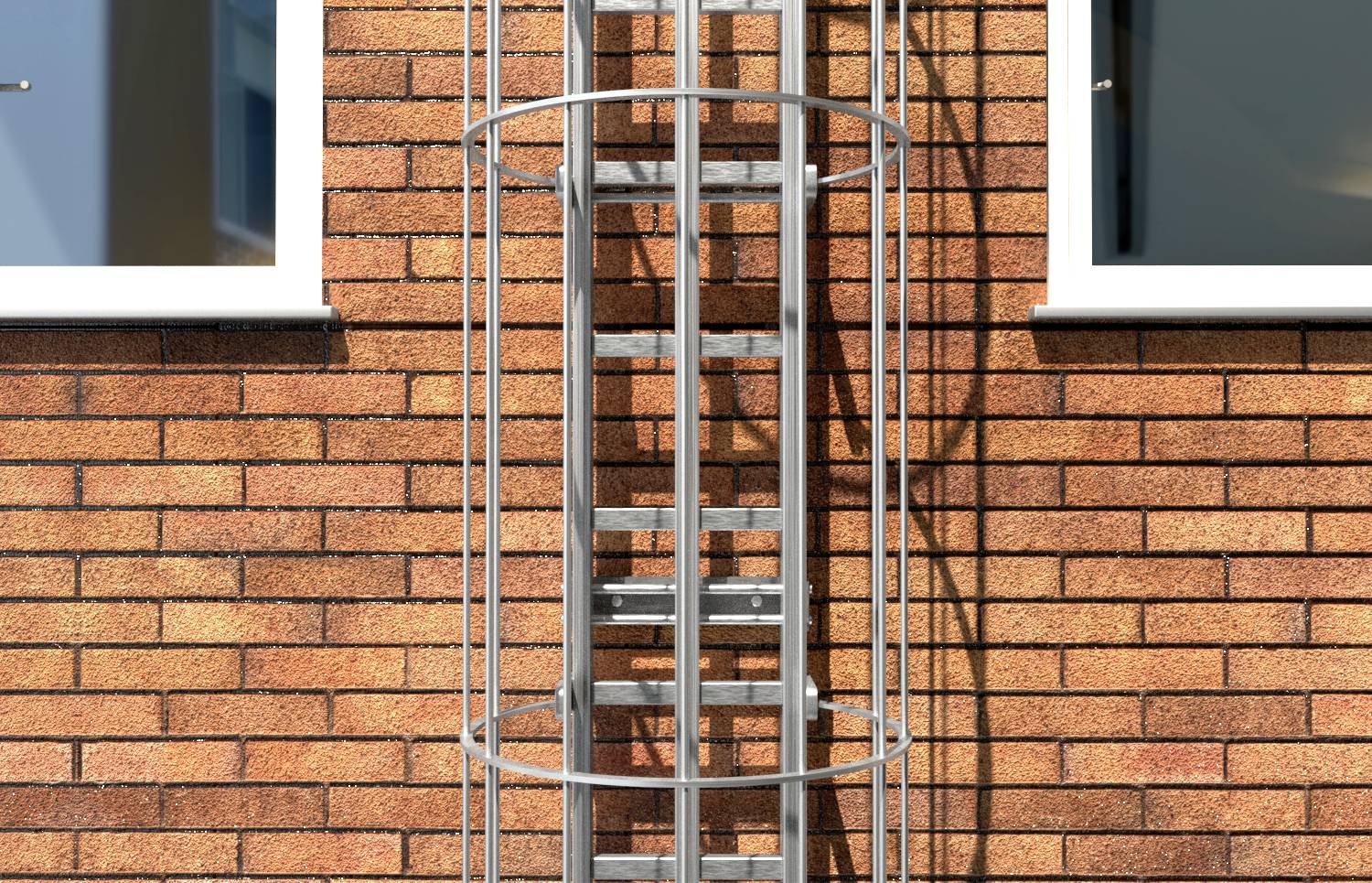 A metal ladder is fixed to a brick wall and leads upwards between two windows.