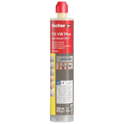 Bottle of Fischer FIS VW Plus High Speed 300 T resin anchor adhesive, 300 ml/475 g, with product label and application image.
