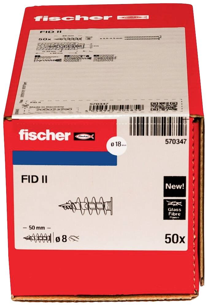 Packaging for a Fischer FID II wall plug set, containing 50 pieces. Labelling shows plug illustration, EAN code, and glass fibre reference.
