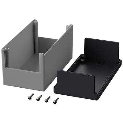 Grey housing case with a removable black cover, accompanied by four mounting screws.