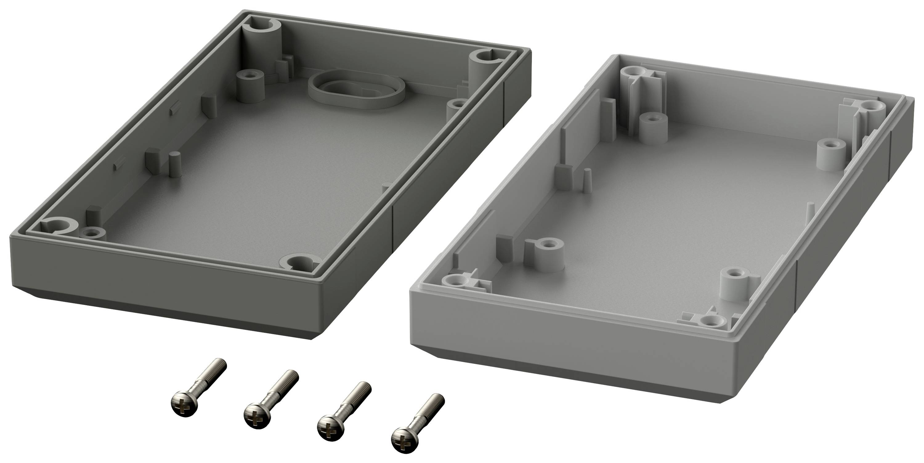 Housing made of two grey plastic parts with four screws. Suitable for electronic devices.