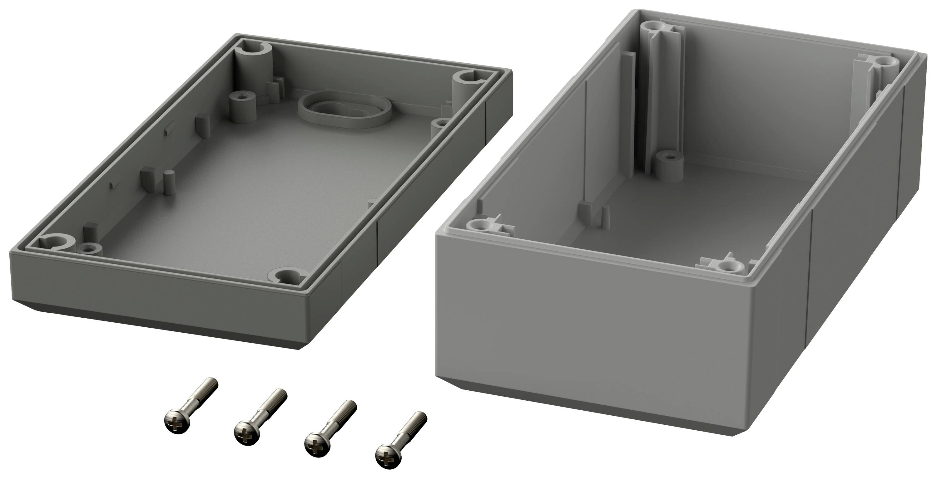 Plastic enclosure kit comprising two parts with four screws. Suitable for protecting electronic components.