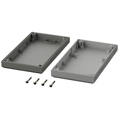 Housing components with screws. Rectangular grey plastic parts for device assembly. Screws are shown separately.