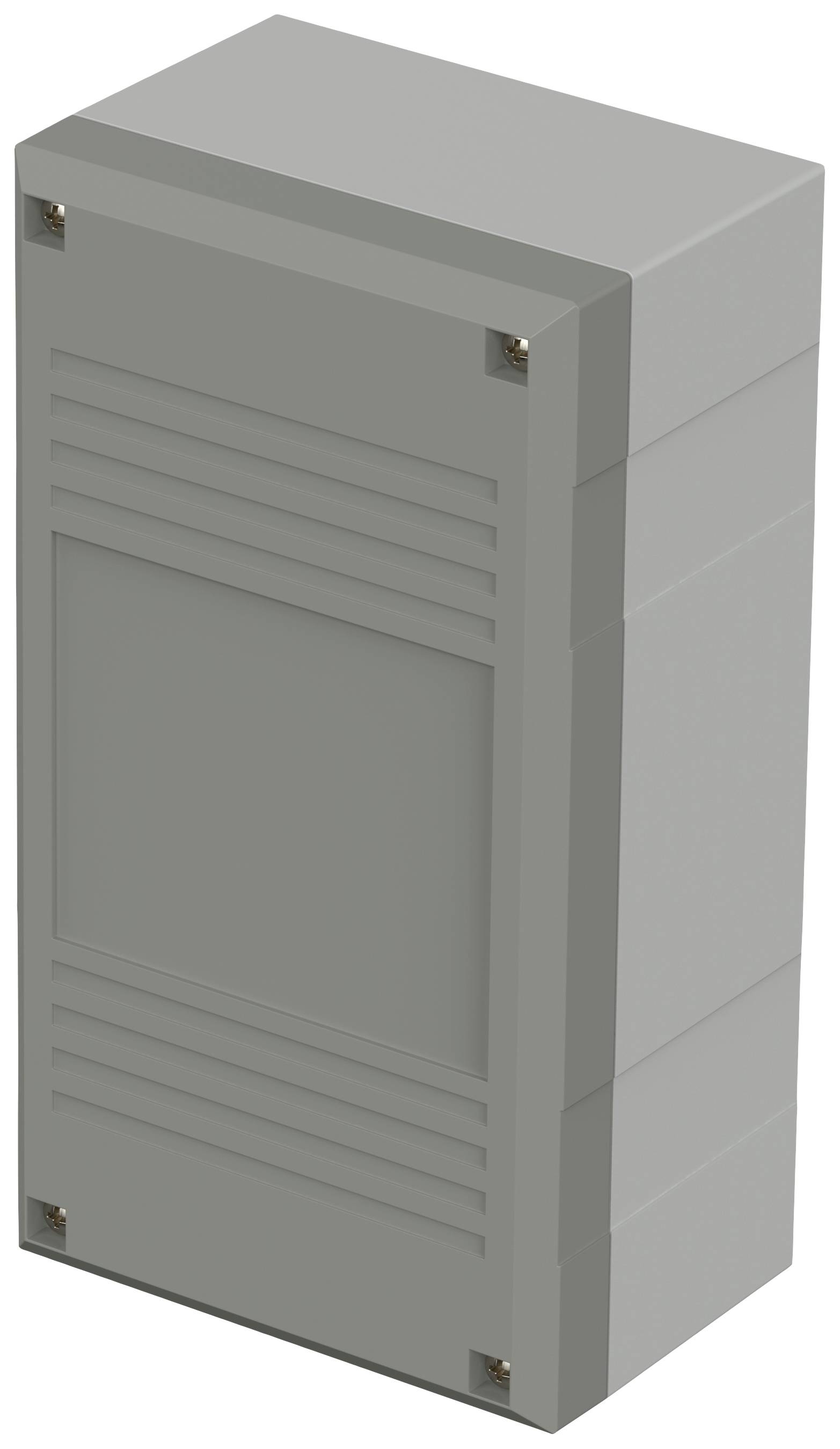 Grey, rectangular plastic enclosure with mounting elements at the corners; typical industrial or electronic housing.