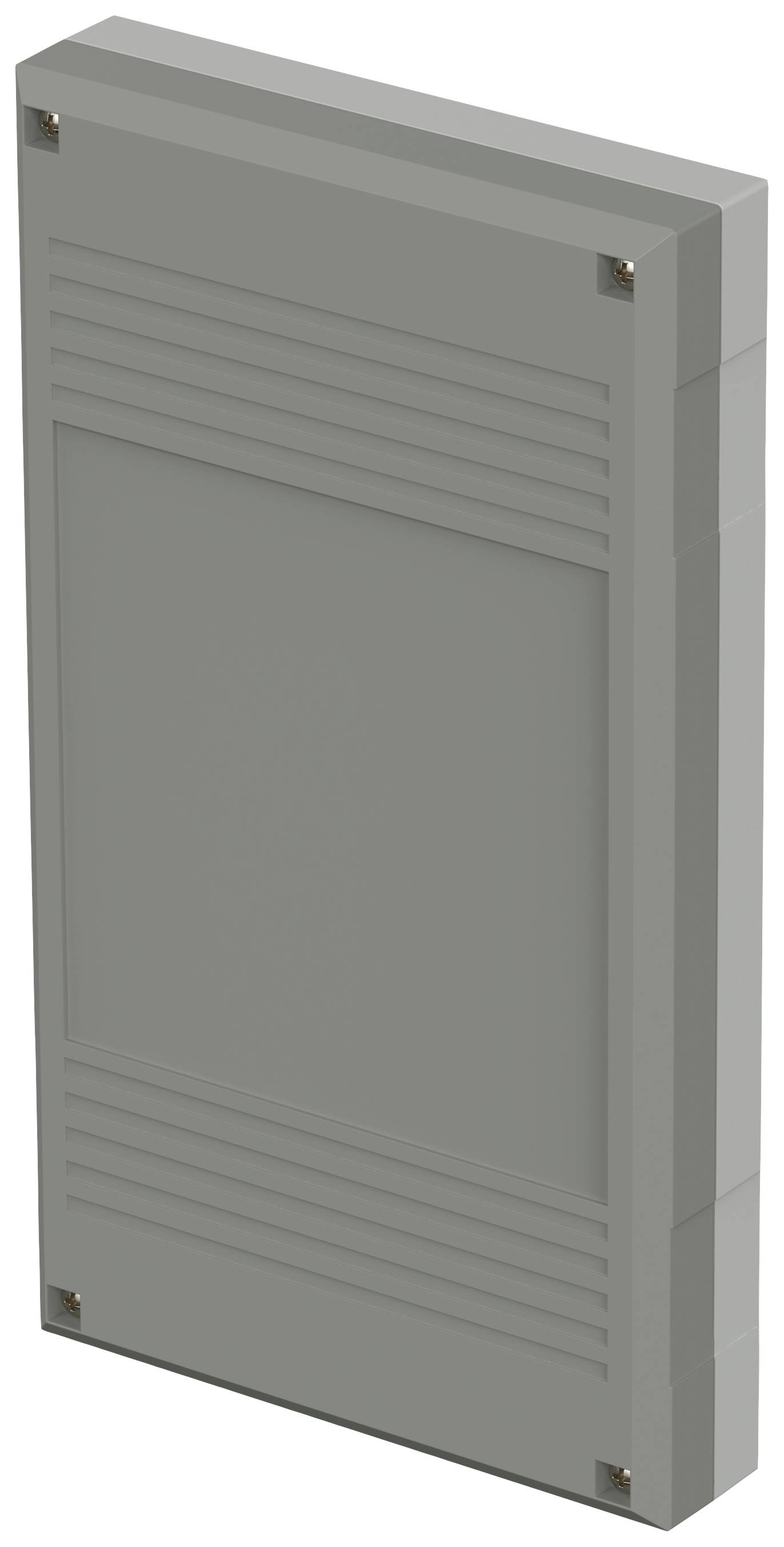 Rectangular, grey enclosure with ribbed details on the sides. It appears solid and functional, possibly for technical equipment.<br><br>Note: The translation is already in British English, so no significant changes were needed.