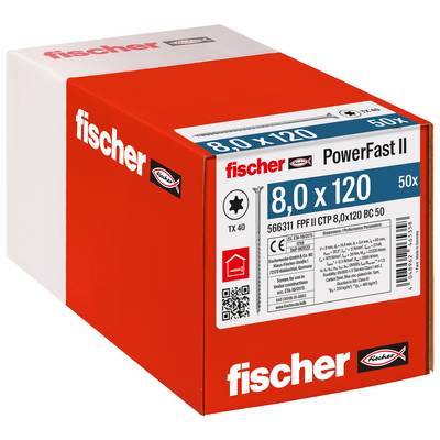 Box of Fischer PowerFast II screws, labeled 8.0 x 120, 50 pieces, shown on a red-and-white product package.