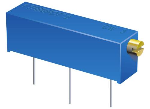 Three-legged trimmer potentiometer in blue, with side screw adjustment visible; used for fine-tuning resistance values.
