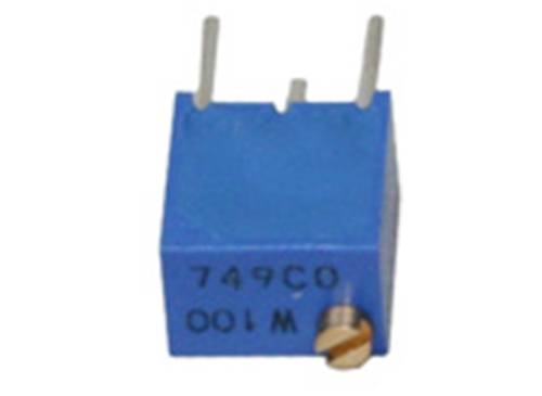 Blue potentiometer with three terminals, numbers '749C0' and 'W100' printed on it, with an adjustment knob on the side for resistance modification.