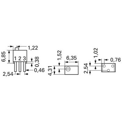 Technical drawing of an electronic component with a three-pole connection, dimensions, and symbols for heights and widths.