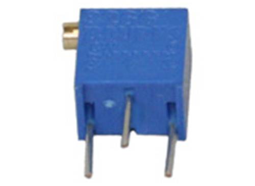 Blue, rectangular, three-legged electronic component, likely a rotary potentiometer, with a golden connection point at the top.