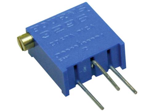 Blue trimmer potentiometer with three metal pins and adjustable screw, for fine-tuning electronic circuits.