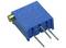 Blue trimmer potentiometer with three metal pins and adjustable screw, for fine-tuning electronic circuits.