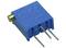 Blue trimmer potentiometer with three metal legs and an adjustable screw on the top surface.