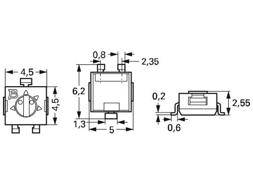 Three-quarter view of a technical drawing of a switch with dimensional measurements in millimetres. Shows front, side, and top views.