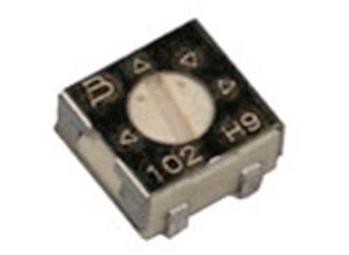 A square, silver-coloured SMD resistor with '102' printed on it and markings on the top surface.