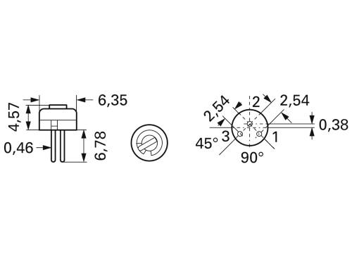 'Technical drawing of an electronic component with dimensional specifications: Height 6.78 mm, Width 6.35 mm. Pin spacing 2.54 mm, Overall width 4.57 mm.'