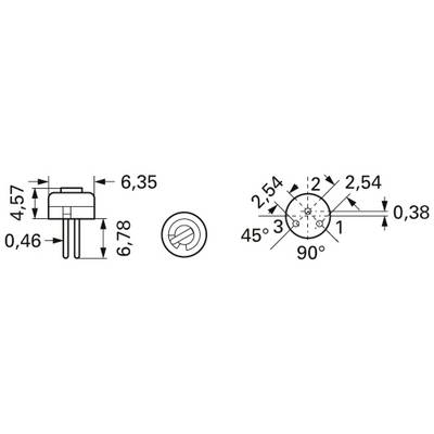 'Technical drawing of an electronic component with dimensional specifications: Height 6.78 mm, Width 6.35 mm. Pin spacing 2.54 mm, Overall width 4.57 mm.'