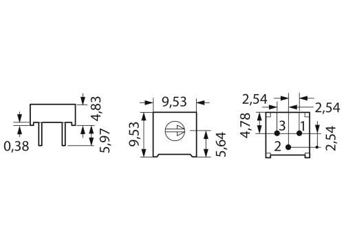 Technical drawing of a rectangular component with dimensions: height 5.97 mm, width 9.53 mm, various hole spacings indicated.