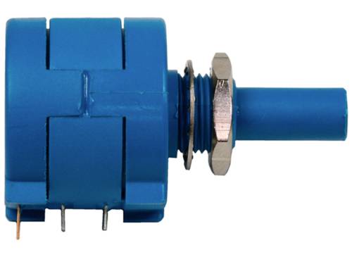 Blue electric potentiometer controller with metal thread and electrical connection, viewed from the side.