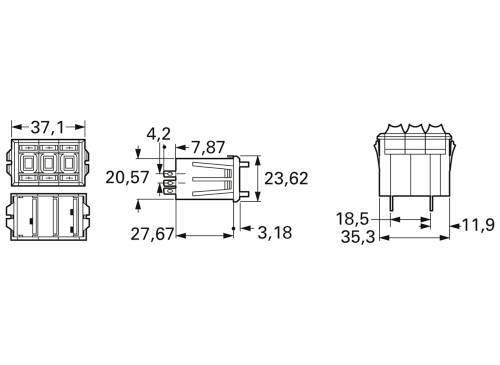 Technical drawing of an electrical connector with detailed dimensions in millimetres. Shows front, side, and top view.