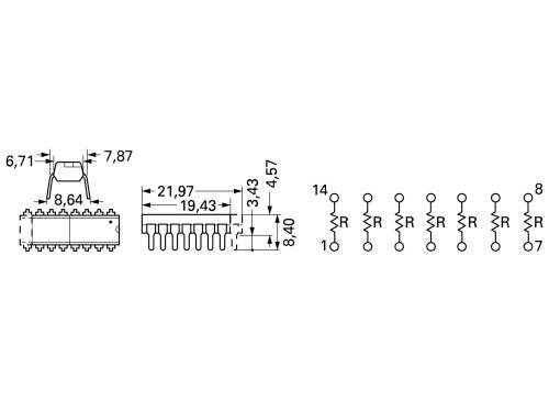 Circuit diagram shows the dimensions and pin configuration of a 14-pin IC. Measurements in millimetres. Main connections numbered from 1 to 14.