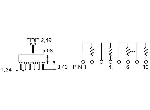 Electronic circuit with IC and resistors, showing pin configuration. Pin 1 connected to LED. Component dimensions and spacing given in mm.