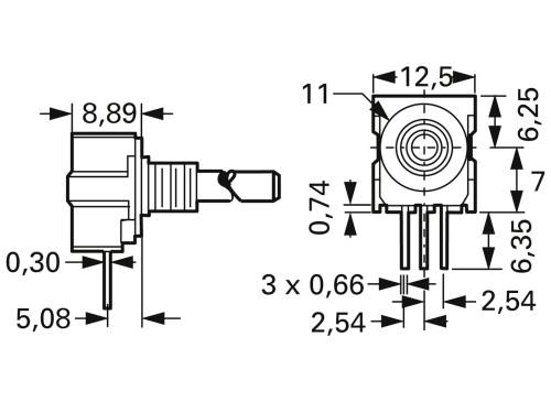 Technical drawing of an electrical component with dimensions in millimetres. Shows front and side views with specific measurements.