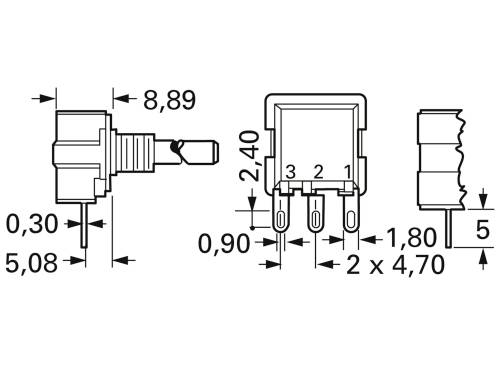 Technical drawing of an electrical switch with dimensions in millimetres. Side, front, and rear views are shown.