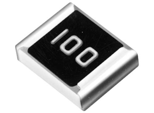 Silver, rectangular resistor with '100' printed on it, indicating the resistance value in ohms.