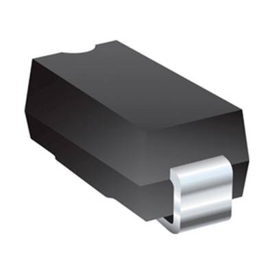 A black semiconductor package with a silver connection is shown. It is an electronic component.