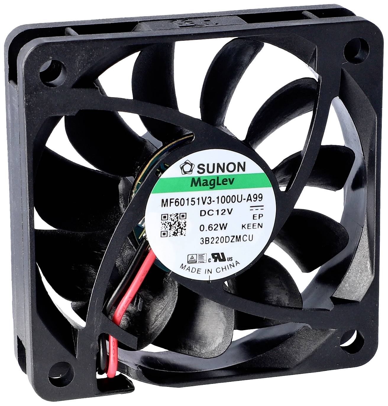 Black computer fan with multiple blades, label shows 'SUNON MagLev', item number and technical specifications, 'Made in China'.