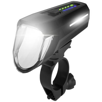 A black, high-performance bicycle light with five blue and two green LED indicators on top, mounted on a bracket.