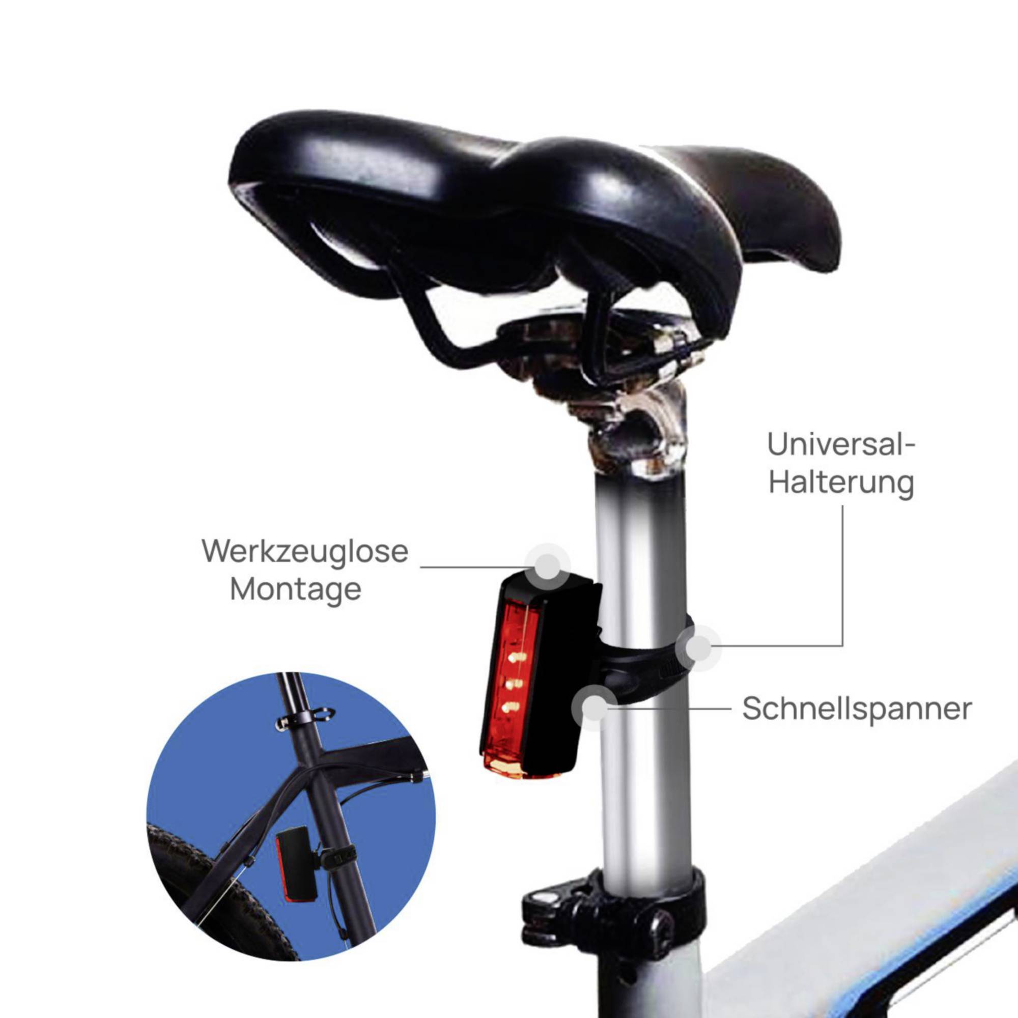 Bicycle saddle with a mounted red LED rear light. Markings indicate 'Tool-free Installation', 'Universal Bracket' and 'Quick Release'.