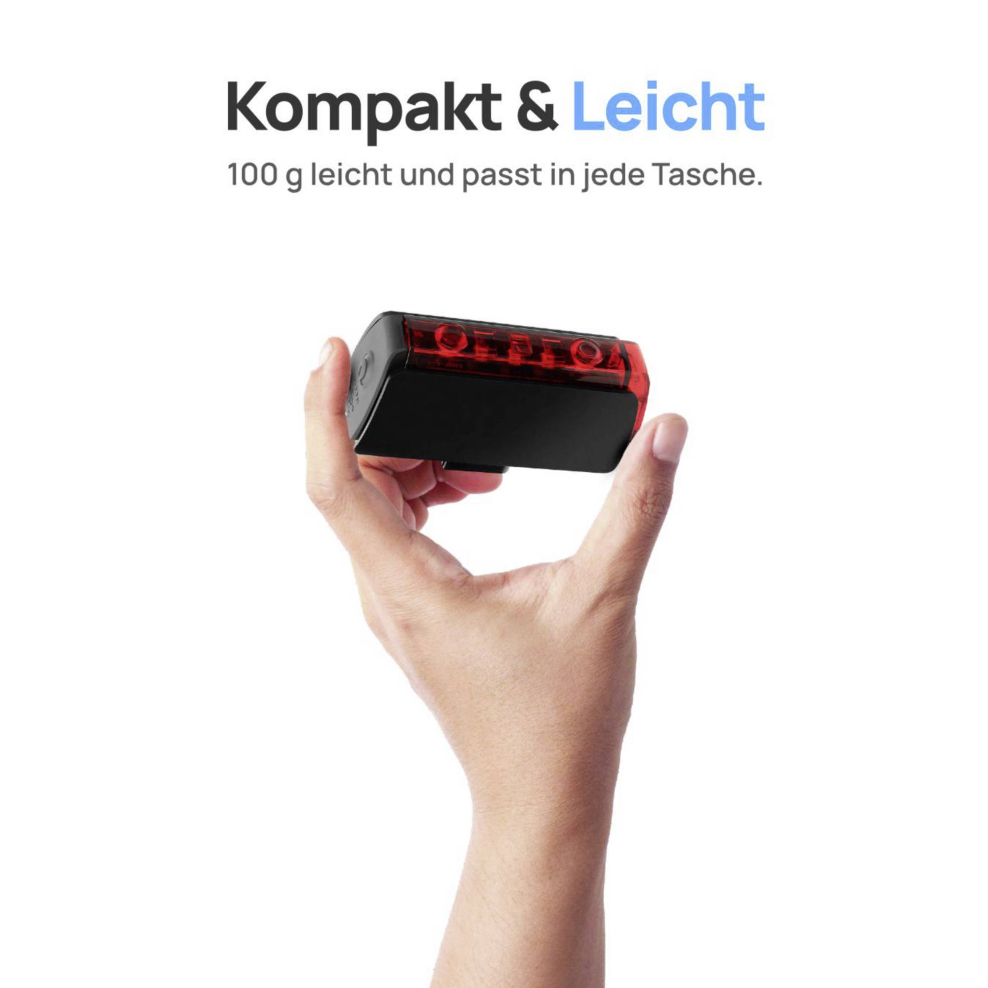 Hand holding a compact, lightweight device. Text: 'Compact & Lightweight, just 100 g and fits in any bag'.