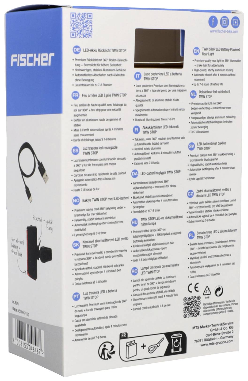 'FISCHER LED Bicycle Rear Light TWN STOP' Packaging. Shows product features such as battery, lighting modes, mounting accessories, and safety features.